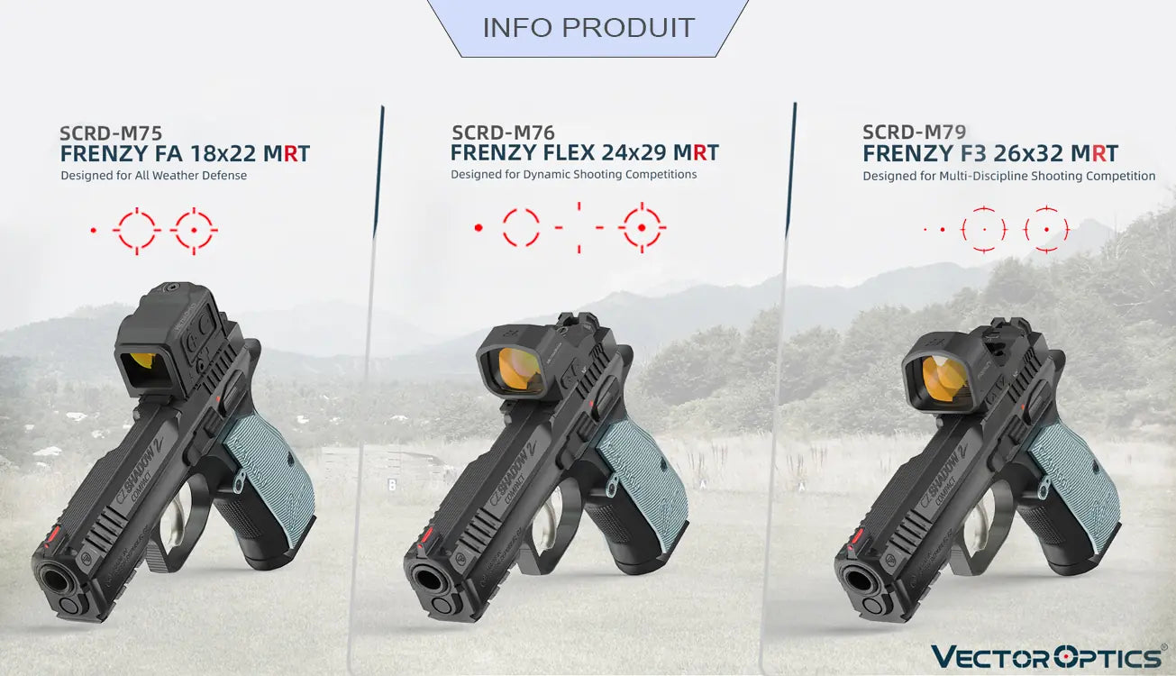 Comparatif des viseurs multi-réticules Frenzy FA, Frenzy FLEX et Frenzy F3 pour pistolet