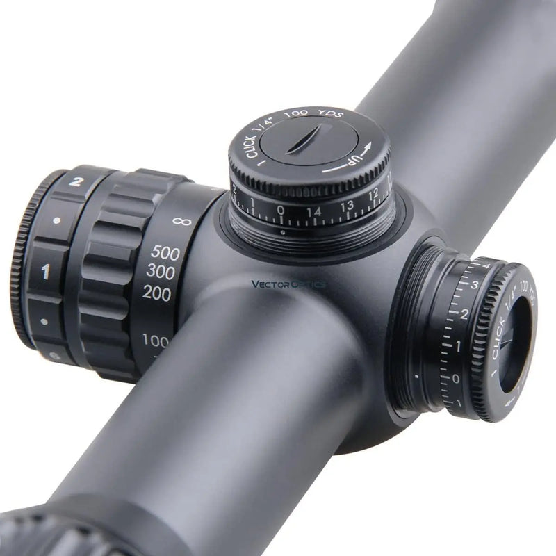 Vue détaillée des tourelles de réglage de la lunette Continental Vector Optics 3-18x50 CDM chasse