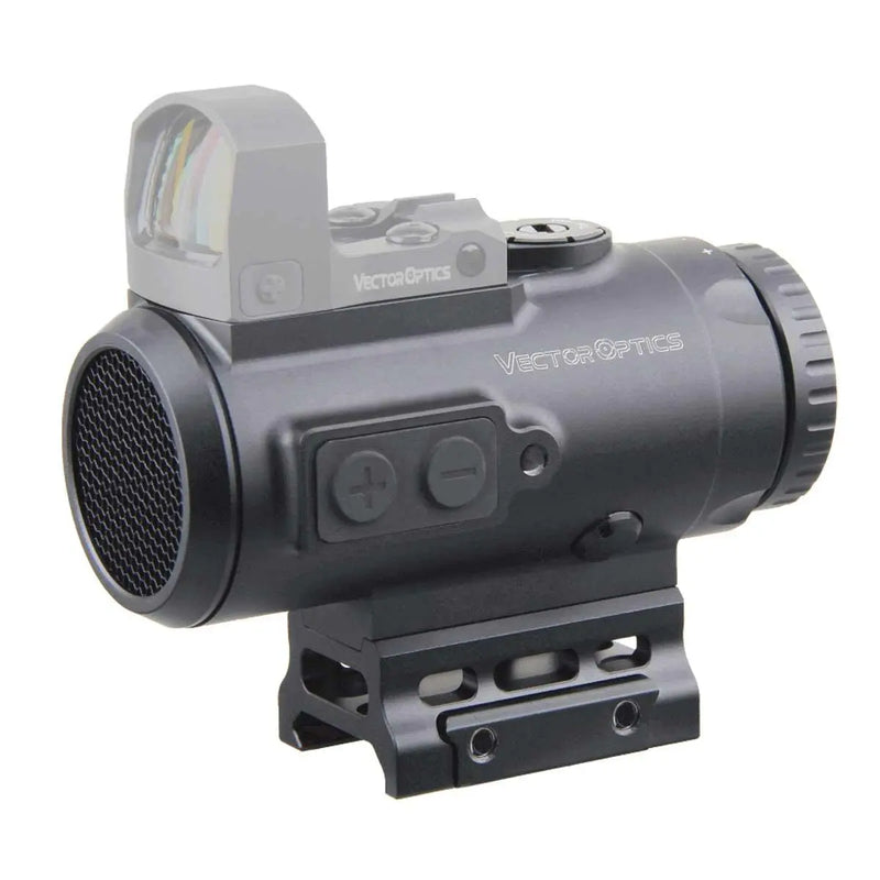 Vue rapprochée du viseur PARAGON 4X24 avec réticule micro prisme et point rouge 1MOA sur fond blanc