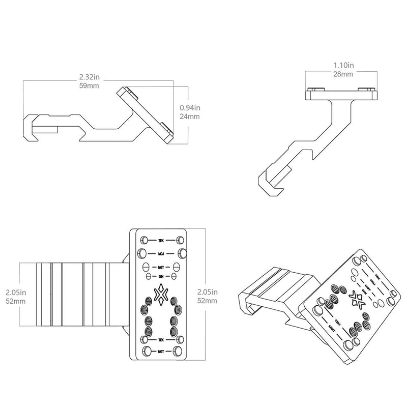 Vue du montage déporté 45° fixé sur rail Picatinny